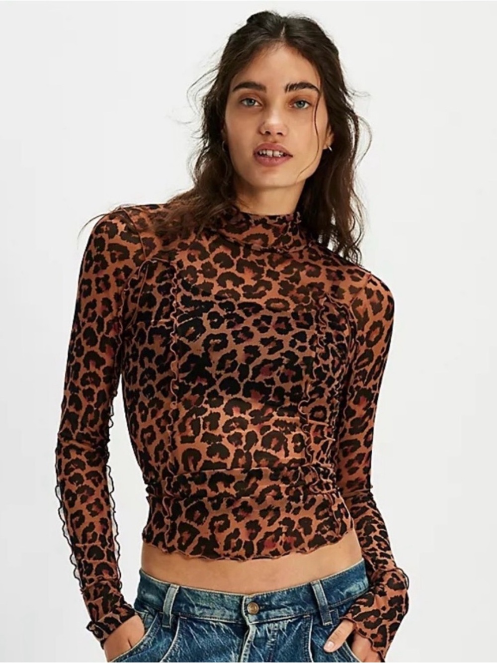 NWOT Free People Charlie Mesh Leopard Print Mock Neck Layering Top Cats Meow S